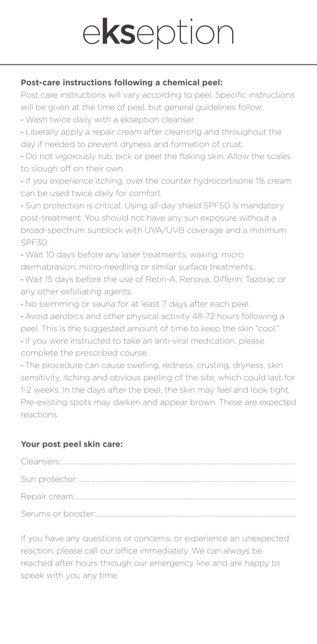 EKSEPTION POST-PEELINGS INSTRUCTIONS FLYER